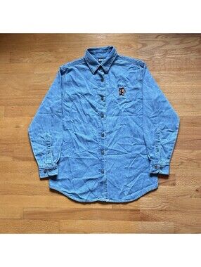 Vtg Thirty Rivers RHAM Embroidered Chambray Button-Up Shirt Men’s Medium Blue